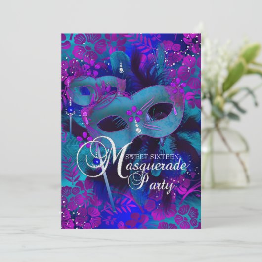 Paarse en Blauwgroen Floral Masquerade Sweet 16 Ui Kaart (Staand voorkant)