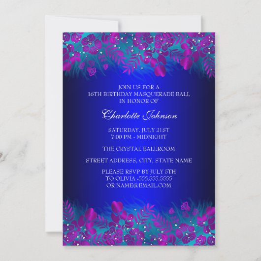 Paarse en Blauwgroen Floral Masquerade Sweet 16 Ui Kaart (Achterkant)