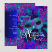 Paarse en Blauwgroen Floral Masquerade Sweet 16 Ui Kaart (Voorkant / Achterkant)