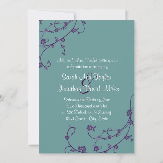 Paarse en Blauwgroen Floral Swirl Wedding Kaart (Voorkant)