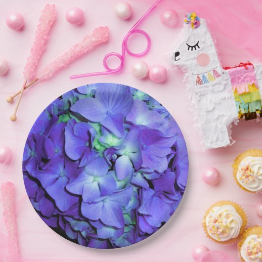 Paarse en blauwgroen hydrangea, paarse blauwe bloe papieren bordje (Feest)