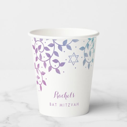 Paarse en Blauwgroen levensboom van Mitzvah Papieren Bekers (Achterkant)