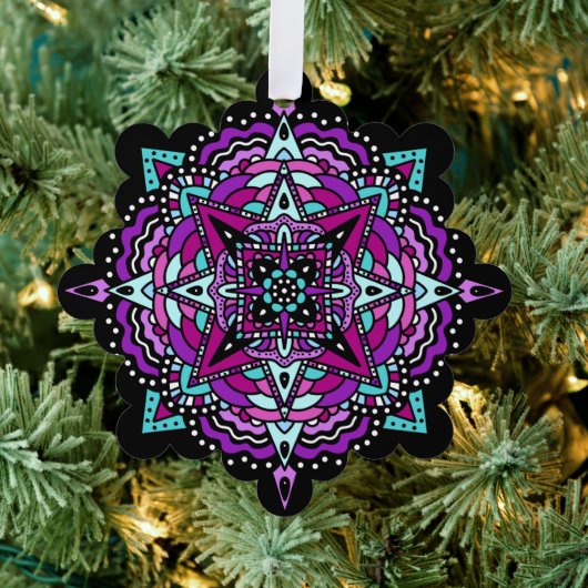 Paarse en Blauwgroen Mandala Kerst Ornament Kaart (Insitu (Drie))