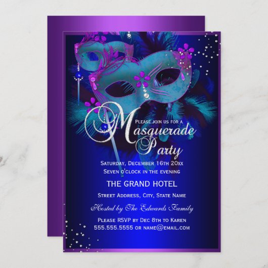 Paarse en Blauwgroen maskers Masquerade Party uitn Kaart (Voorkant / Achterkant)