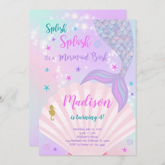 Paarse en Blauwgroen Mermaid Tail Verjaardagsuitno Kaart (Voorkant / Achterkant)