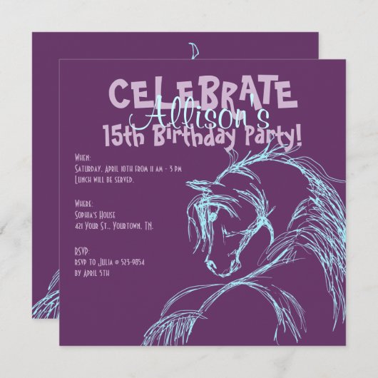 Paarse en Blauwgroen paardenschets Birthday Invite Kaart (Voorkant / Achterkant)