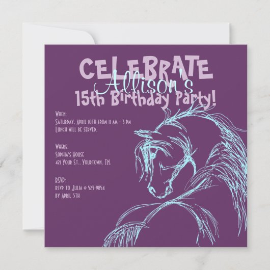 Paarse en Blauwgroen paardenschets Birthday Invite Kaart (Voorkant)