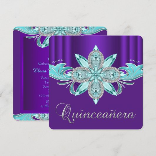 Paarse en Blauwgroen Quinceanera Kaart (Voorkant / Achterkant)