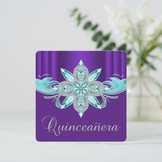 Paarse en Blauwgroen Quinceanera Kaart (Staand voorkant)