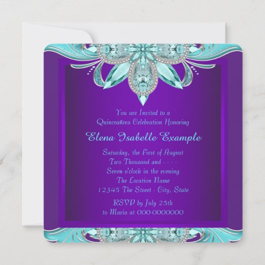 Paarse en Blauwgroen Quinceanera Kaart (Achterkant)