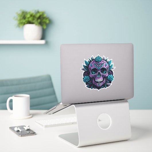 Paarse en Blauwgroen Sticker (Laptop op bureau)