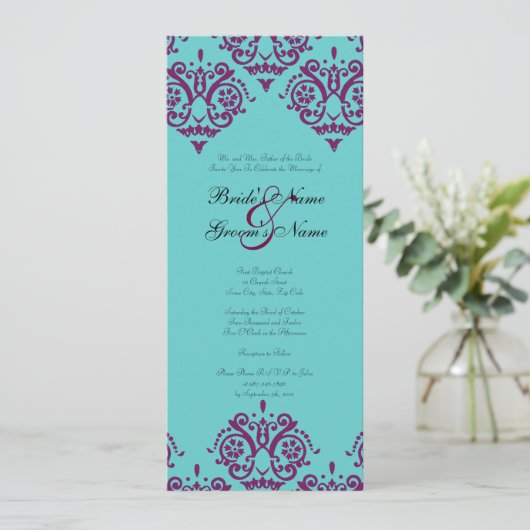Paarse en Blauwgroen uitnodiging tot weddenschappe (Staand voorkant)