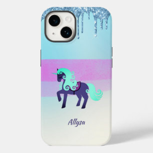 Paarse en Blauwgroen Unicorn met Faux Driving Glit Case-Mate iPhone 14 Hoesje