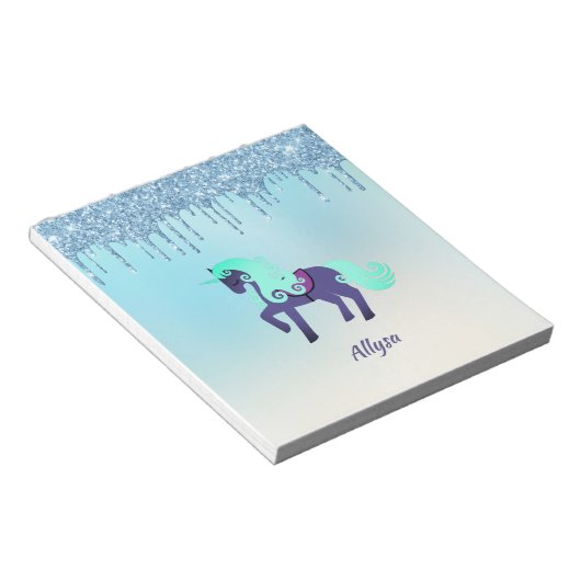 Paarse en Blauwgroen Unicorn met Faux Driving Glit Notitieblok (Schuin)