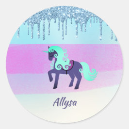 Paarse en Blauwgroen Unicorn met Faux Driving Glit Ronde Sticker
