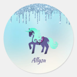 Paarse en Blauwgroen Unicorn met Faux Driving Glit Ronde Sticker