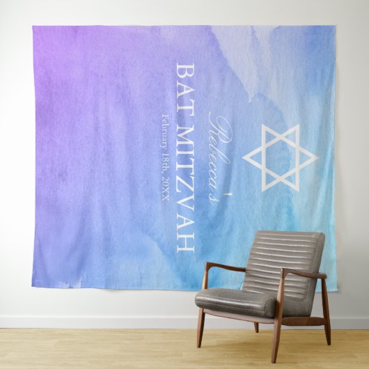 Paarse en Blauwgroen Waterverf Bat Mitzvah Achterg Wandkleed (In Situ (horizontaal))