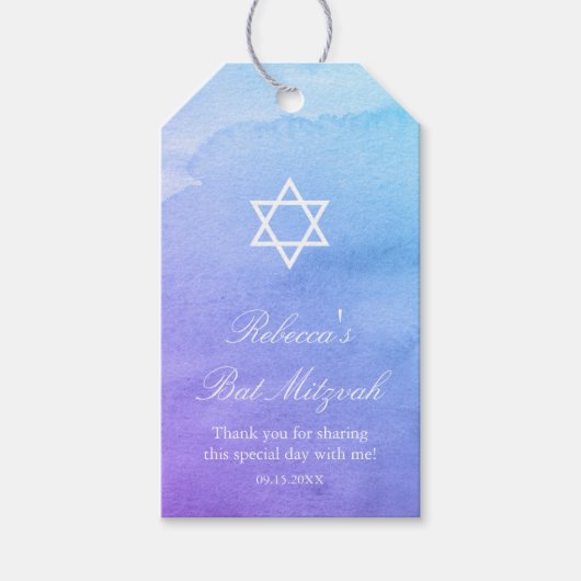 Paarse en Blauwgroen Waterverf Bat Mitzvah Cadeaulabel (Voorkant)
