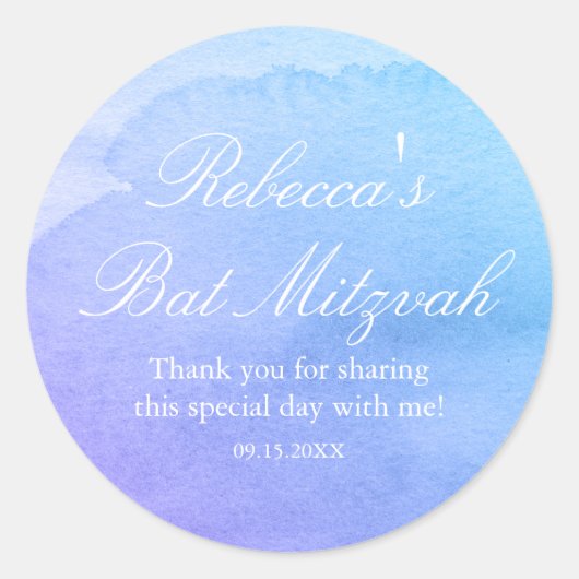 Paarse en Blauwgroen Waterverf Bat Mitzvah Favor Ronde Sticker (Voorkant)