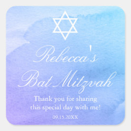 Paarse en Blauwgroen Waterverf Bat Mitzvah Favor Vierkante Sticker