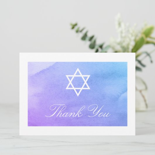 Paarse en Blauwgroen Waterverf Bat Mitzvah Flat Bedankkaart (Staand voorkant)