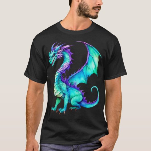Paarse en Blauwgroen Waterverf Dragon T-shirt (Voorkant)