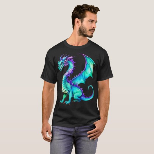Paarse en Blauwgroen Waterverf Dragon T-shirt (Voorkant volledig)