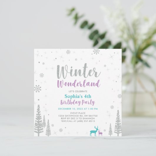 Paarse en Blauwgroen winter Wonderland Girl Birthd Kaart (Staand voorkant)