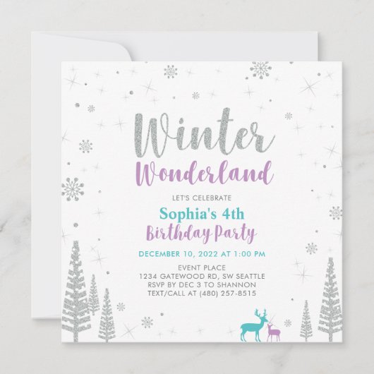 Paarse en Blauwgroen winter Wonderland Girl Birthd Kaart (Voorkant)