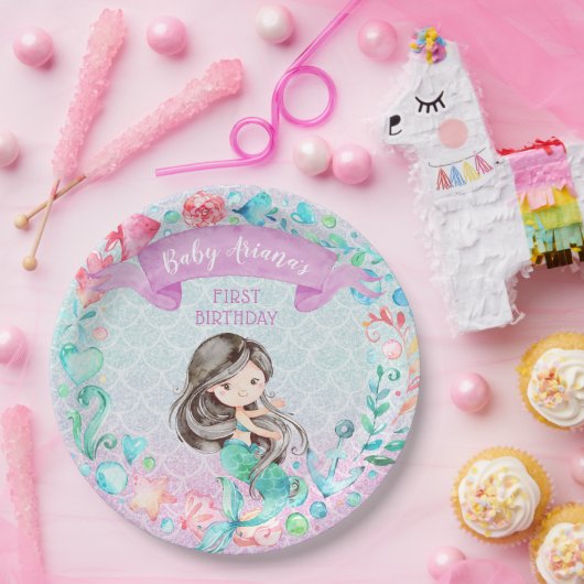 Paarse en Blauwgroen Zeemeermin Aangepast eerste v Papieren Bordje (Feest)