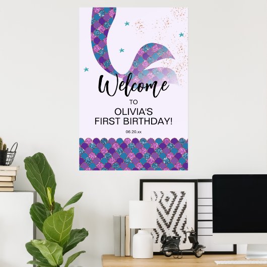 Paarse en Blauwgroen Zeemeermin Verjaardag Welkoms Poster (Thuiskantoor)