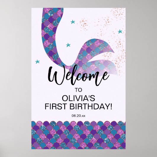 Paarse en Blauwgroen Zeemeermin Verjaardag Welkoms Poster (Voorkant)