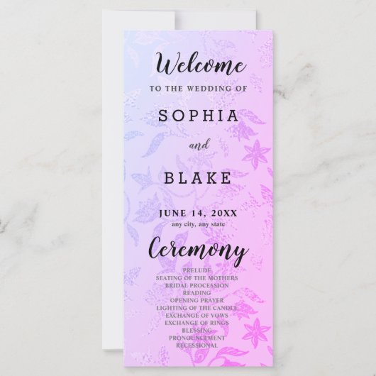  Paarse en Bloemen Metallic Bruiloft Programma (Voorkant)
