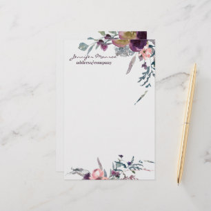 Paarse en blos waterverf flora gepersonaliseerd briefpapier