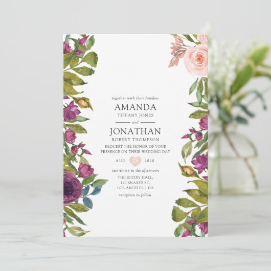 Paarse en Blush Bloemen Bruiloft Kaart (Staand voorkant)