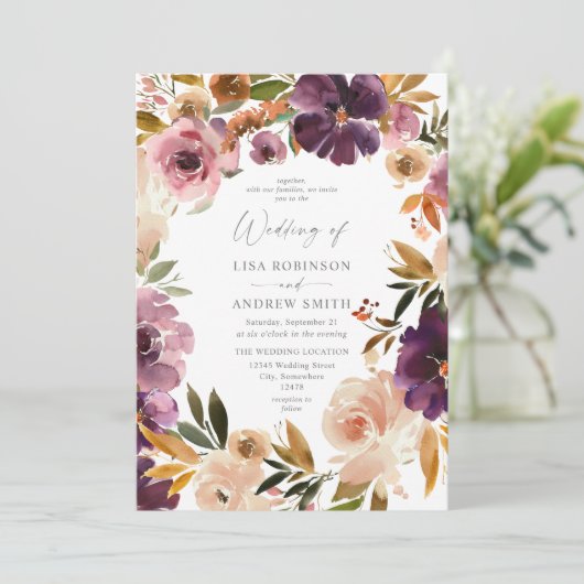 Paarse en Blush Pink Floral Weddenschap Kaart (Staand voorkant)