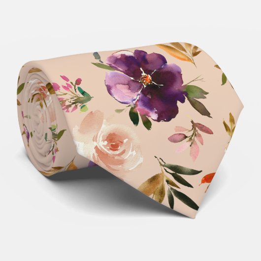 Paarse en Blush Roze Waterverf Floral Rozen Neck Stropdas (Opgerold)