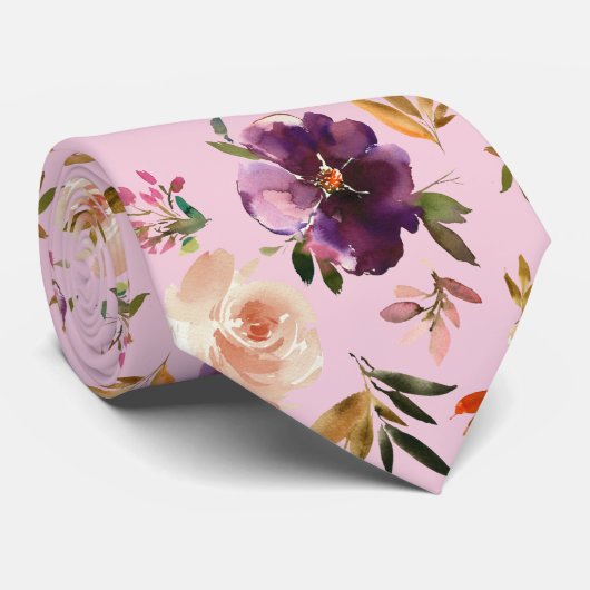 Paarse en Blush Roze Waterverf Floral Rozen Neck Stropdas (Opgerold)