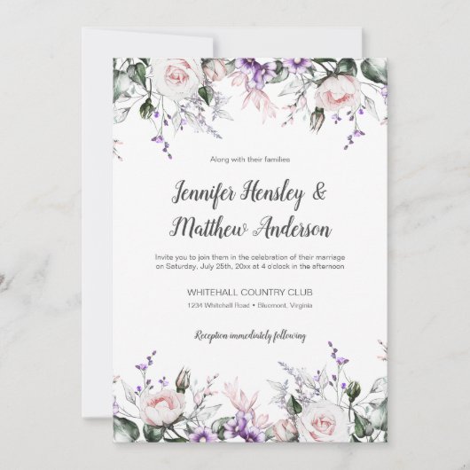 Paarse en Blush Waterverf Bloemen Drop Bruiloft | Kaart (Voorkant)