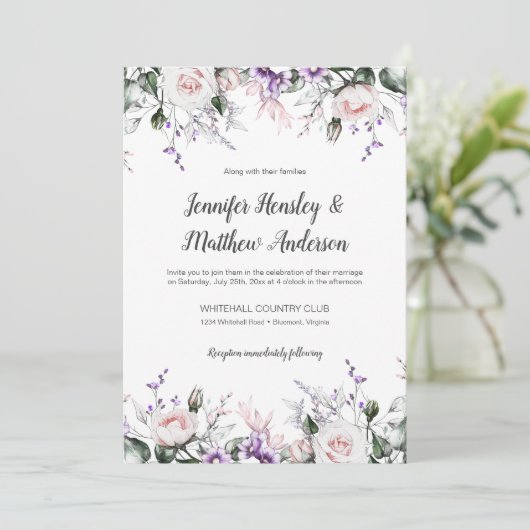 Paarse en Blush Waterverf Bloemen Drop Bruiloft | Kaart (Staand voorkant)