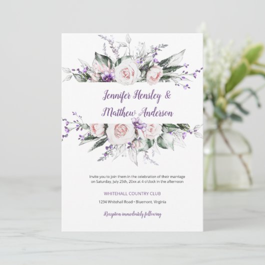 Paarse en Blush Waterverf Bloemen Lijst Bruiloft | Kaart (Staand voorkant)