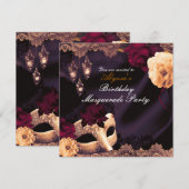 Paarse en Bourgogne Floral & Lace Masquerade Party Kaart (Voorkant / Achterkant)