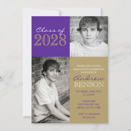 Paarse en Bronzen Gouden Classic 2 Foto Afstuderen Kaart (Voorkant)