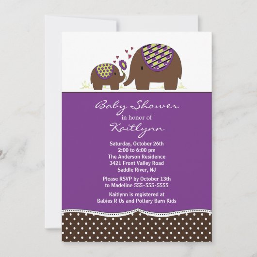 Paarse en bruine olifant Baby shower Kaart (Voorkant)