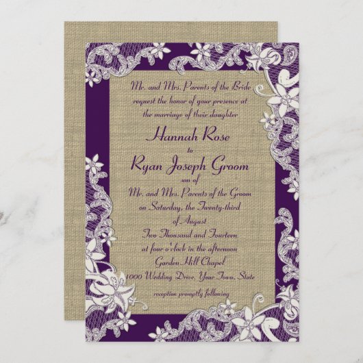 Paarse en Burlap  Bloemen Kaart (Voorkant / Achterkant)