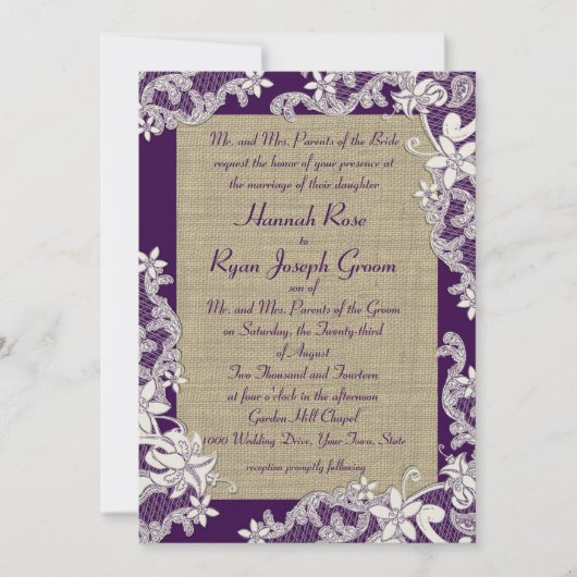 Paarse en Burlap  Bloemen Kaart (Voorkant)