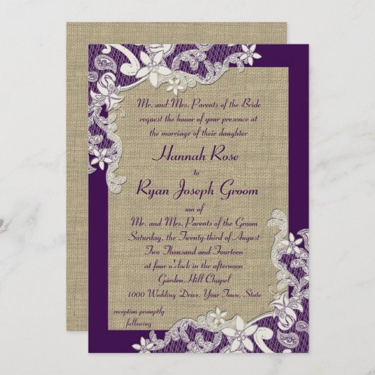 Paarse en Burlap Bloemen Kaart (Voorkant / Achterkant)