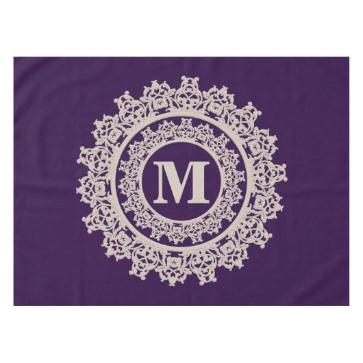 Paarse en Cream Elegant Monogram Tafelkleed (Voorkant (Horizontaal))