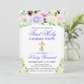 Paarse en Cream Flowers Eerste Heilige Communie Kaart (Staand voorkant)