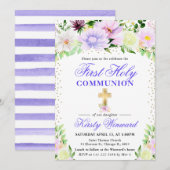 Paarse en Cream Flowers Eerste Heilige Communie Kaart (Voorkant / Achterkant)